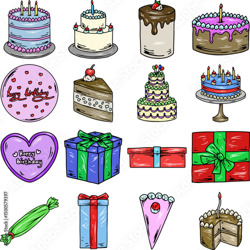 Cartoon two-tiered birthday cake with white frosting, green decorative piping, and red heart toppers. Perfect for festive celebrations.
