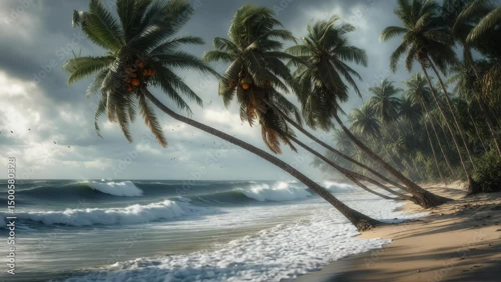 Waves crash against leaning palm trees along a stormy beach at dusk with dark clouds overhead