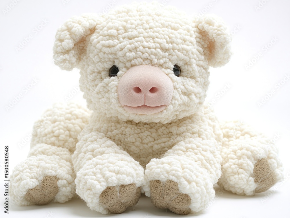 Fototapeta premium Soft plush toy pig with fluffy texture and friendly expression on a white background