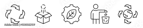 Conjunto de iconos de economía circular. Reciclaje, sostenibilidad y reutilización. Ciclo continuo, caja reutilizable, ecotecnología, acción responsable, planeta verde. Ilustración vectorial