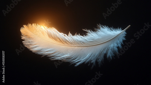 White feather floating in darkness with warm backlight and soft texture in minimal studio shot.