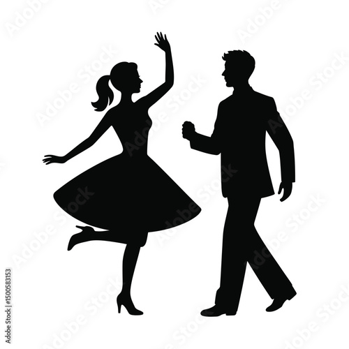 Silhouette of a couple dancing vintage style isolated on white background