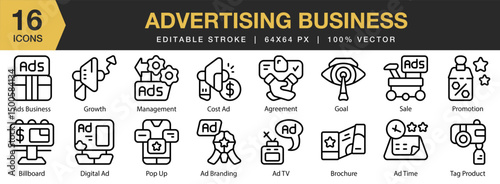 Advertising Business icon set. Editable Stroke Icon Collection. Includes business, marketing, advertising, strategy, internet, technology, and More. Outline icons vector collection.