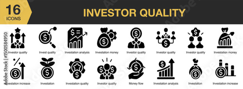 Investor Quality solid icon set. Includes strategy, market, value, businessman, analysis, consulting, and More. Solid icons vector collection.