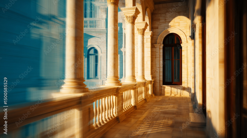 Fototapeta premium An architectural corridor featuring ornate columns, arches, and balustrades. Sunlight casts intricate shadows, creating a timeless and serene ambiance.