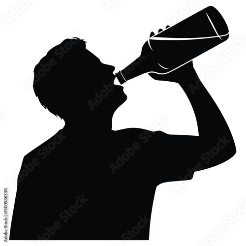 Silhouette of a man drinking from a bottle of alcohol or beverage