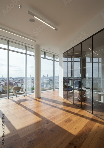 Photo of Modern Office Interior with City View Through Windows and Wooden Floors