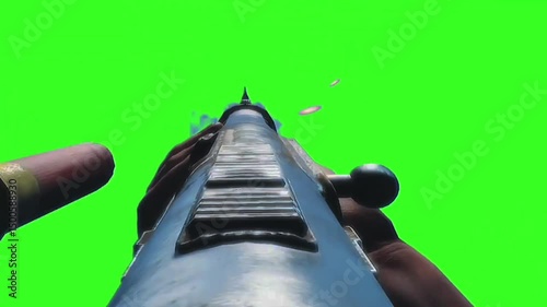 man shooting on gun green screen background. Handgun firing animation isolated on green screen background for visual effects and editing. Gun Shot, shooting on chroma key Gun firing, shotgun
