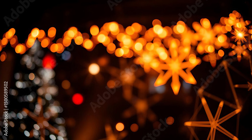 Blurred Christmas Tree and Glowing Star Decorations