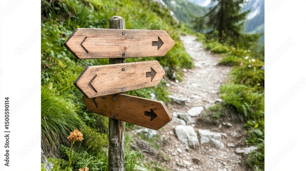 Naklejka premium Wooden directional signs on a hiking trail in a lush mountain landscape. Three signs point in different directions