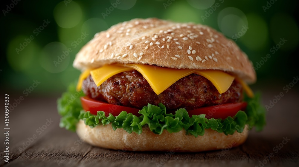 Delicious Cheeseburger Close up Food Photography Rustic Table Juicy Patty Sesame Bun Delicious Cheeseburger Close up Food Photography Rustic Table Juicy Patty Sesame Bun
