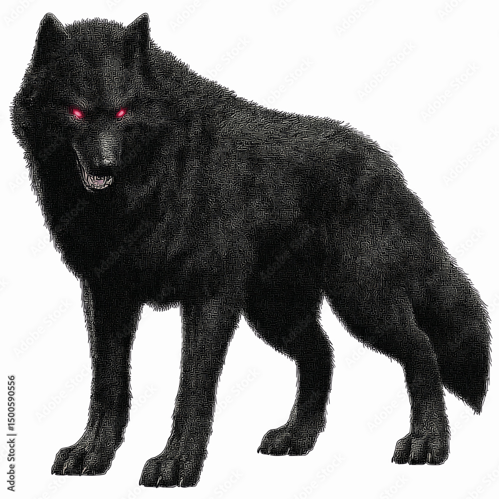 Naklejka premium Intricate Black Wolf with Glowing Red Eyes