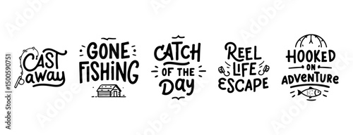 Hand-Lettered Fishing Quotes Vector Grid – Black Ink Outdoor Typography & Illustrations

