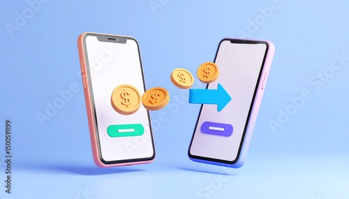 Two smartphones with coins coming out of each device representing the concept of digital payments and currency exchange