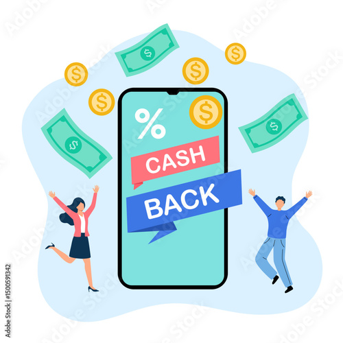 Online cash back or money refund concept. Happy people receiving cashback for shopping. Big phone with cash back promotion. Saving money, get vouchers and discounts, reward program