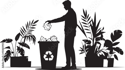 Man watering indoor plants near recycling bin showing eco friendly lifestyle green living plant care and environmental sustainability