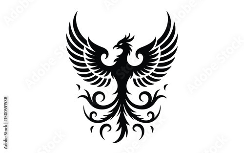 Elegant Black Phoenix Illustration with Ornate Tail Feathers on White