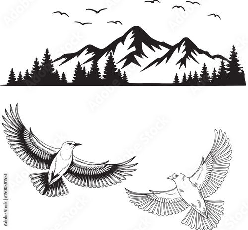 Flying birds and mountain silhouette combination symbolizing freedom adventure nature wilderness scenic landscape and outdoor exploration in minimalist black design