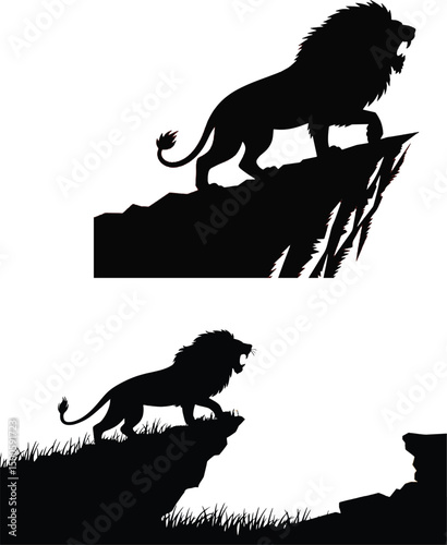 Silhouette of a roaring lion standing on a rock cliff and walking lion on grassland with dramatic posture representing wildlife power strength and animal kingdom