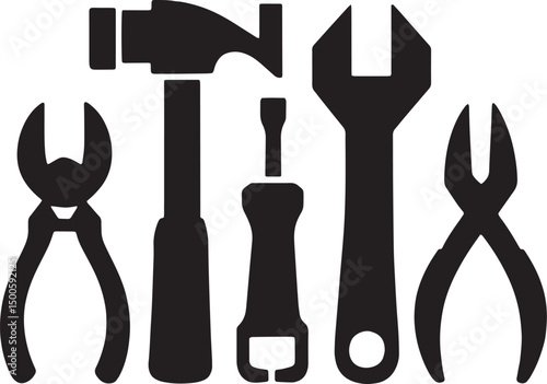 Set of tool silhouettes including wrench screwdriver pliers and hammer representing mechanical work repair service construction and industrial maintenance