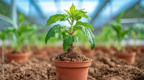 Young cannabis plant in a terracotta pot, amongst others, in a greenhouse setting
