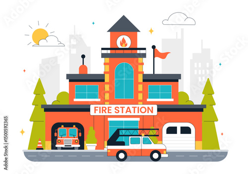 Fire Station Building Vector Illustration Featuring a Department and Fire Engine Car with Firefighters in a Flat Style Cartoon Background