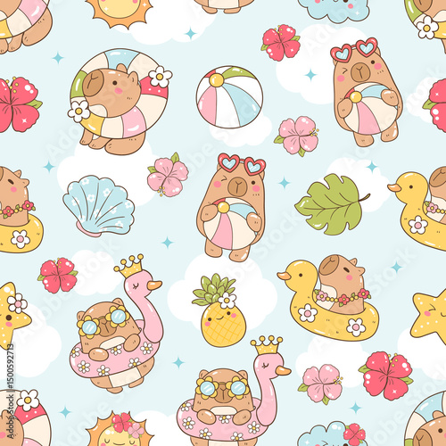 Seamless Capybara Beach Pattern, Summer Holiday Animal Repeat, Cute Tropical Capybara, Beach Ball and Float Pattern