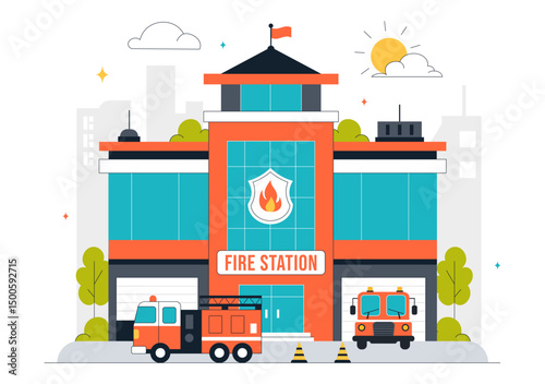 Fire Station Building Vector Illustration Featuring a Department and Fire Engine Car with Firefighters in a Flat Style Cartoon Background