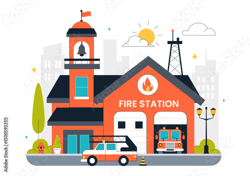 Fire Station Building Vector Illustration Featuring a Department and Fire Engine Car with Firefighters in a Flat Style Cartoon Background