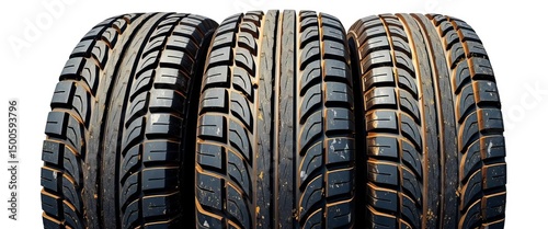 Three grunge-style vector tire tracks, dirty and distressed, showing wear and tear, design element,  worn