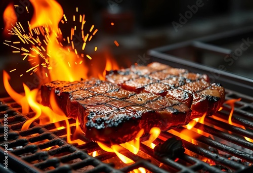 Thick-cut steaks sizzling on a hot grill over open flames, sparks flying,  tenderloin,  energy
