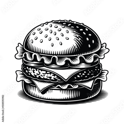 Black and White Burger Illustration with Lettuce Cheese and Sesame Seeds