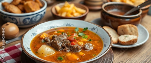 Tender beef goulash, hearty potato soup, authentic Hungarian cuisine, comfort food, dark