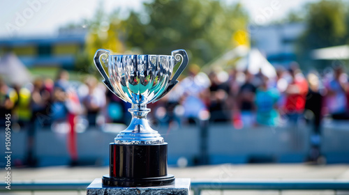 Shiny silver trophy on marble pedestal representing success, victory and accomplishment in sports, business or academic competition. Symbol of prestige, excellence and leadership.