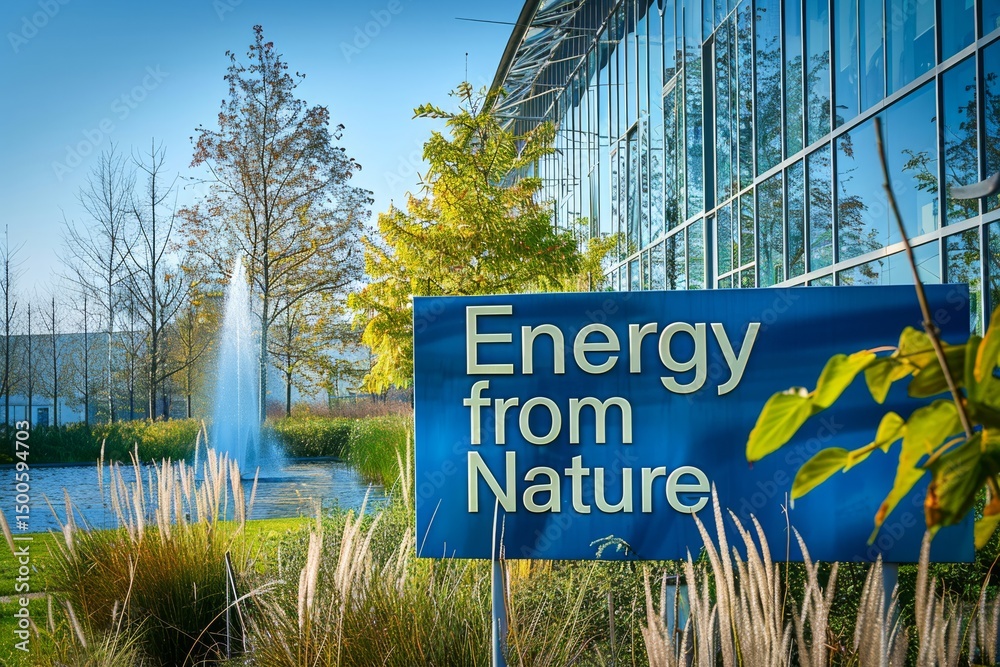 Fototapeta premium Renewable Energy Sources for Sustainable Future Green Building Water Fountain Eco Friendly Design Concept