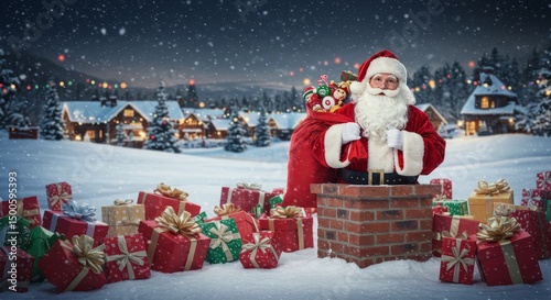 Photo of Santa Claus Delivering Presents on Snowy Christmas Night in Village