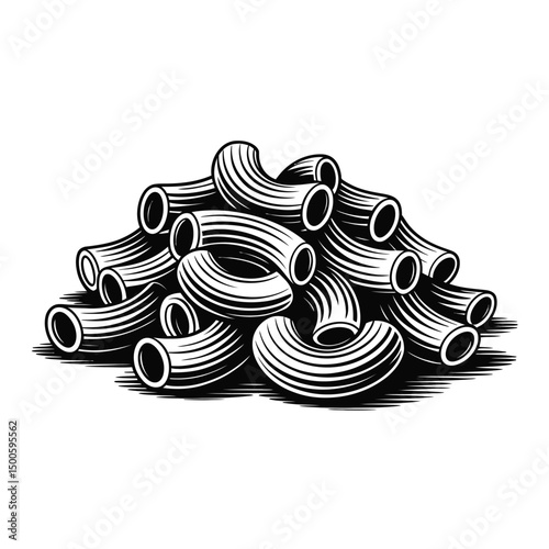 Black and White Illustration of a Pile of Elbow Macaroni Pasta