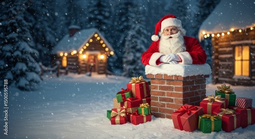 Photo Of Santa Claus Standing In Chimney Amidst Presents and Snowy Night