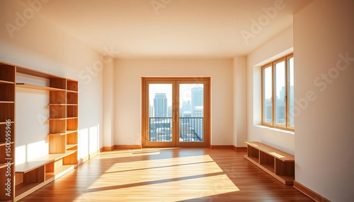 Sun-drenched empty apartment  minimalist wooden shelving  French doors to cityscape balcony  cityscape  empty apartment