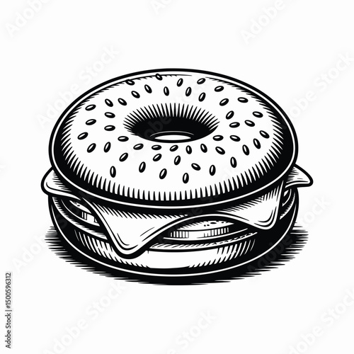 Engraved Style Bagel Sandwich Illustration with Cheese and Ham Filling