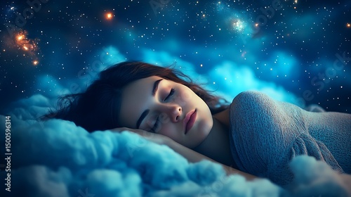 Woman sleeping peacefully in a cloud-like bed under a starry night sky