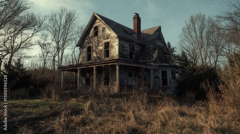 Obraz premium Forgotten Homestead: An Abandoned House Slowly Reclaimed by Nature's Embrace