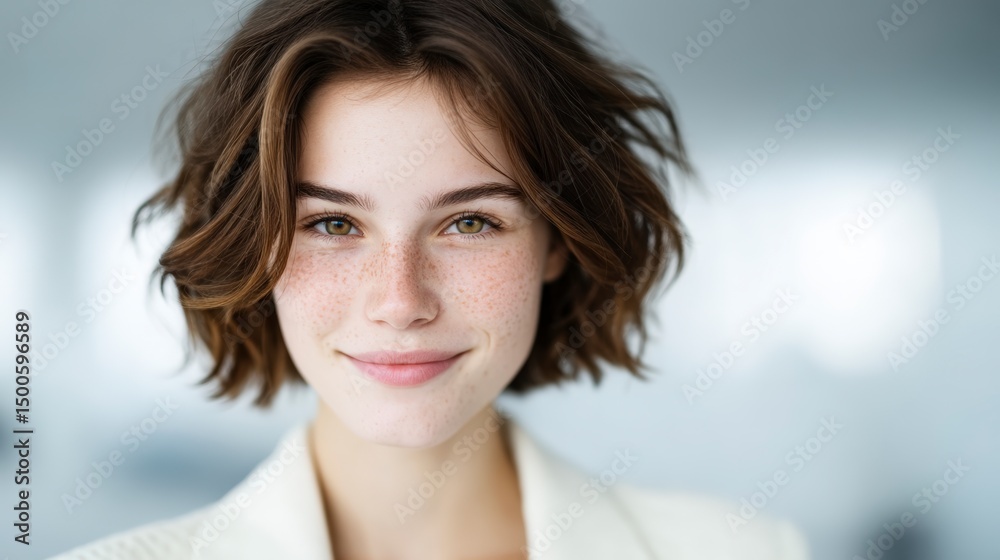 Young Woman Portrait Freckles Short Hair Soft Smile Corporate Professional Young Woman Portrait Freckles Short Hair Soft Smile Corporate Professional