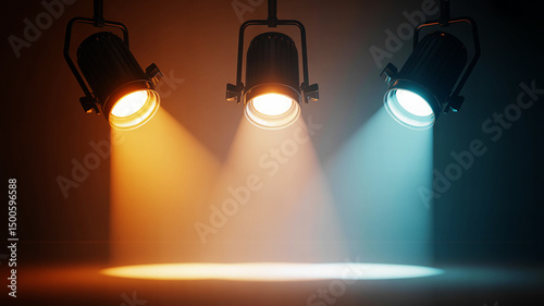 Realistic 3D Rendering of Hanging Spotlights – Orange, Blue, and White Light Beams on Transparent Background