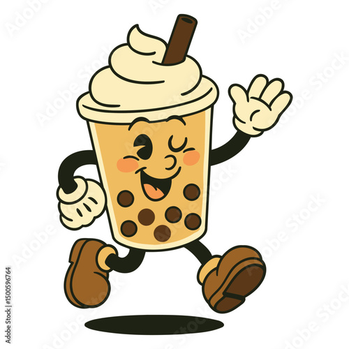 Cute Boba Tea Cartoon Mascot Waving Cheerfully