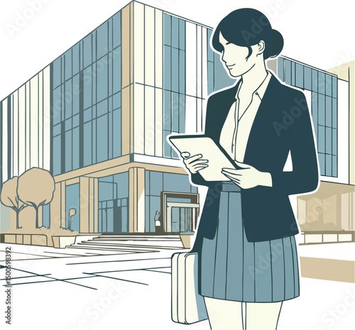Young Businesswoman with Tablet Visiting Modern Office Building – Flat Vector Illustration for Corporate, Startup, and Business Communication Themes