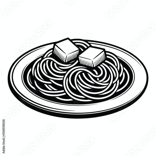 Monochrome Spaghetti Dish with Tofu Cubes Italian Cuisine Vector Illustration