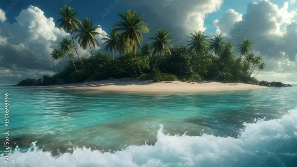 Remote tropical island with lush palm trees and clear blue waters under a cloudy sky in the afternoon light