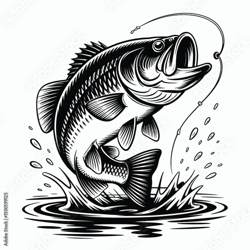 Black and white illustration of a largemouth bass jumping out of water