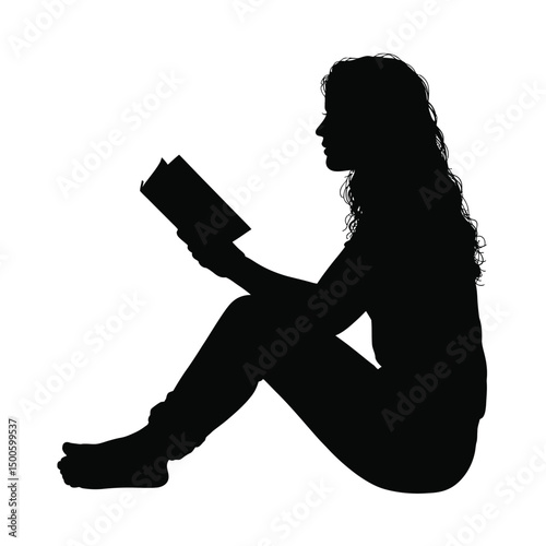 Silhouette of a woman sitting and reading a book on white background